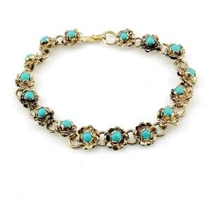 Mexico Sterling Silver Rose Link Bracelet Turquoise Center Artisan Made Not Cast